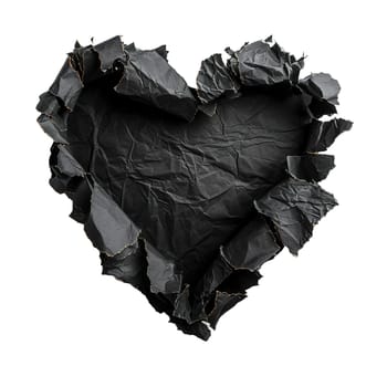 Blank, black piece of paper, heart shape. Isolated on white background. Ripped, jagged page. With empty space for text. Generative AI