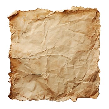 Aged brown sheet of paper, square shape. Isolated on white background. Ripped, jagged page. With empty space for text. Generative AI