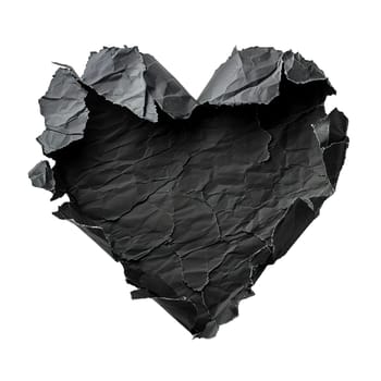 Blank, black piece of paper, heart shape. Isolated on white background. Ripped, jagged page. With empty space for text. Generative AI