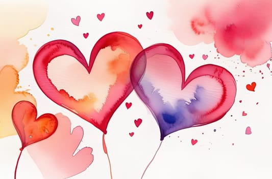 Valentines day watercolor abstract different hearts pastel background banner. Perfect for Valentines Day card, romantic themed design, voucher, greeting card, wrapping paper. Concept love. Copy space