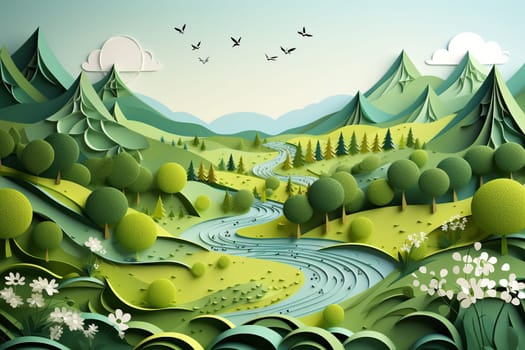 Summer landscape with mountains, green grass and river in paper cut style.