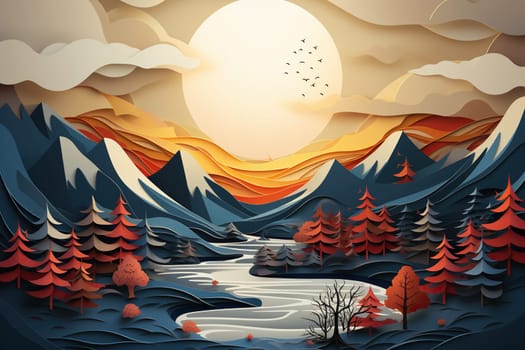 Beautiful horizontal mountain landscape in paper cut style.