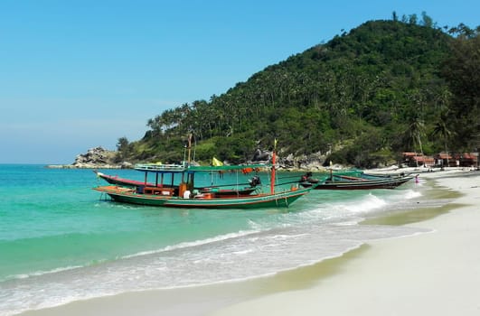 Tropical beach, traditional long tail boats, Gulf of Thailand, Thailand