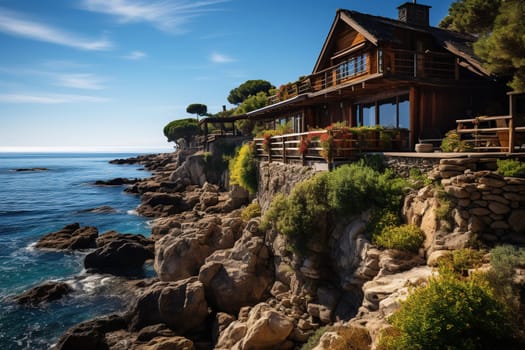 Vintage luxury wooden villa on a rocky seashore.