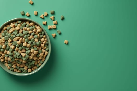 Metal dog bowls filled with dog kibble dry food on a wooden surface