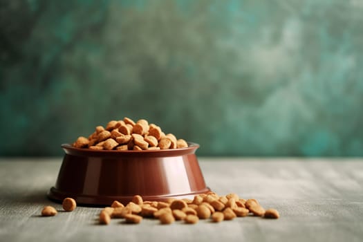 Metal dog bowls filled with dog kibble dry food on a wooden surface