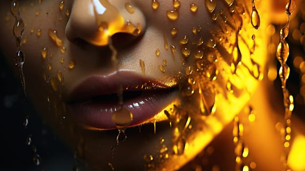 Close-up of a woman's face with water drops in yellow neon light.