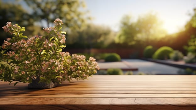 garden scene with warm sunlit foliage and flowering plant on wooden table. Place for your product