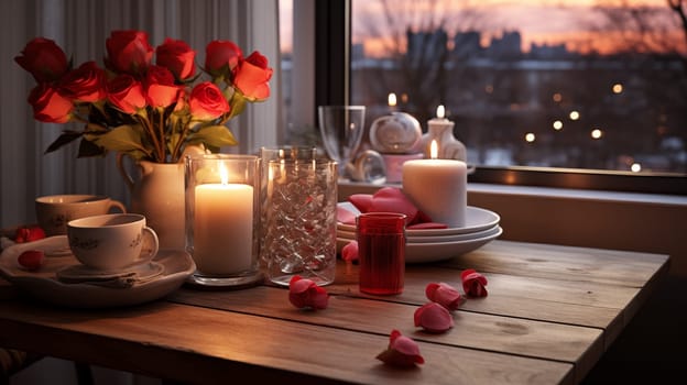 dinner table with lit candles, red roses, and elegant tableware against a dusky sky.