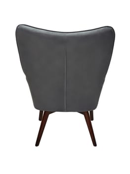 modern grey fabric armchair with wooden legs isolated on white background, back view.