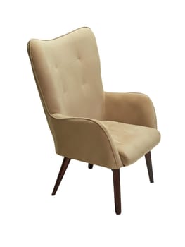 modern beige fabric armchair with wooden legs isolated on white background, side view.