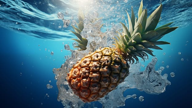 pineapple falls under blue water, with splashes and air bubbles. Close up