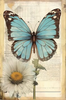 Vintage style illustration of a blue butterfly and a flower over script background