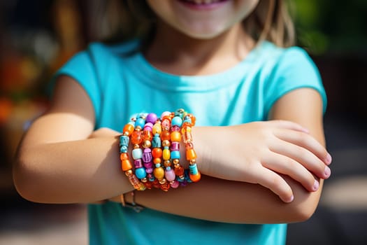 A bracelet made of colorful beads in the hand of a little girl.