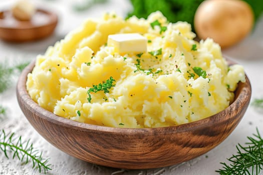 Traditional Irish mashed potatoes colcannon with cabbage and butter in a ceramic bowl on the table.