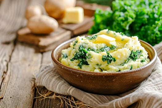 Traditional Irish mashed potatoes colcannon with cabbage and butter in a ceramic bowl on the table.