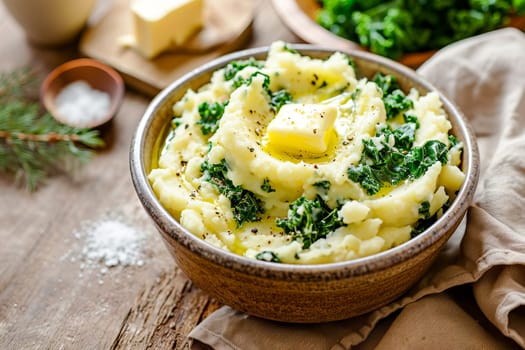 Traditional Irish mashed potatoes colcannon with cabbage and butter in a ceramic bowl on the table.