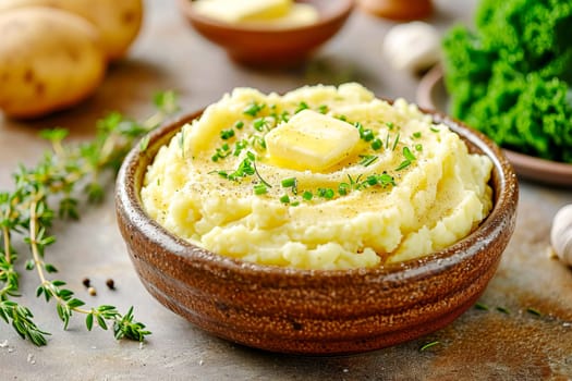 Traditional Irish mashed potatoes colcannon with cabbage and butter in a ceramic bowl on the table.