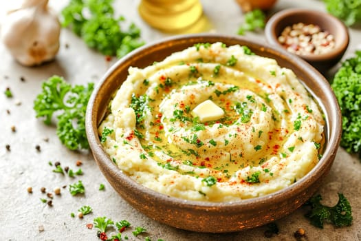 Traditional Irish mashed potatoes colcannon with cabbage and butter in a ceramic bowl on the table.