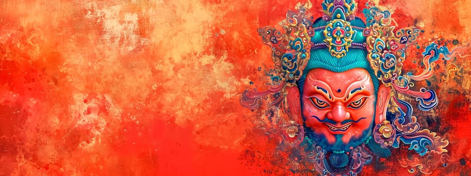 Tibetan mask depicted in vibrant colors, set against a fiery red and orange textured background. The mask is ornate with intricate patterns and details, symbolizing traditional cultural heritage