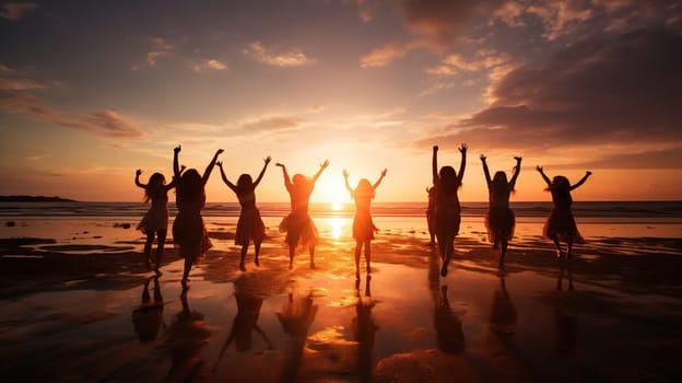 A crowd of girls or women runs towards the sunset sea. Women's unity concept.