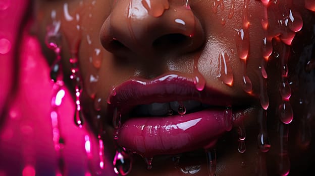 Juicy female lips with pink lipstick and water drops in neon lighting.