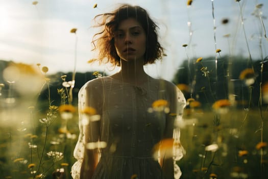 Double exposure shot of a young woman in a field.