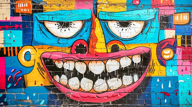 street art graffiti featuring a whimsical face with exaggerated features, showcasing a large grin, wide eyes, and a playful use of bright, contrasting colors against a brick wall.