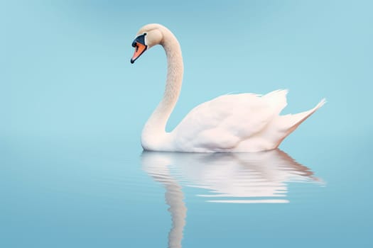 A serene swan glides gracefully on calm water, reflecting serenely below.