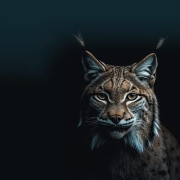 Stunning portrait of a lynx with intense gaze against dark background.