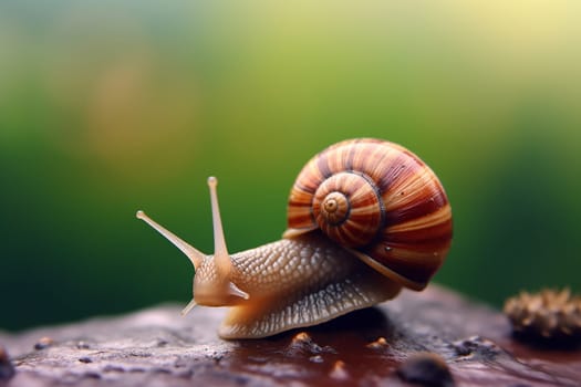 A snail crawls on a surface with a green background.