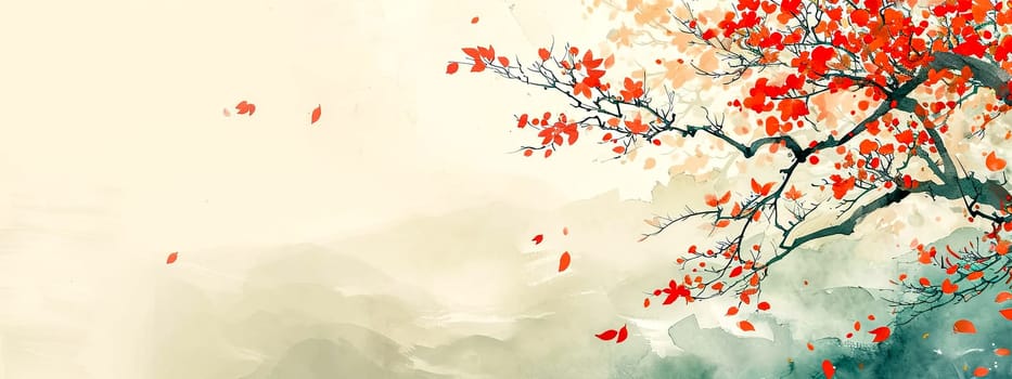 serene East Asian-inspired painting, capturing the essence of a tranquil autumn scene, banner with copy space