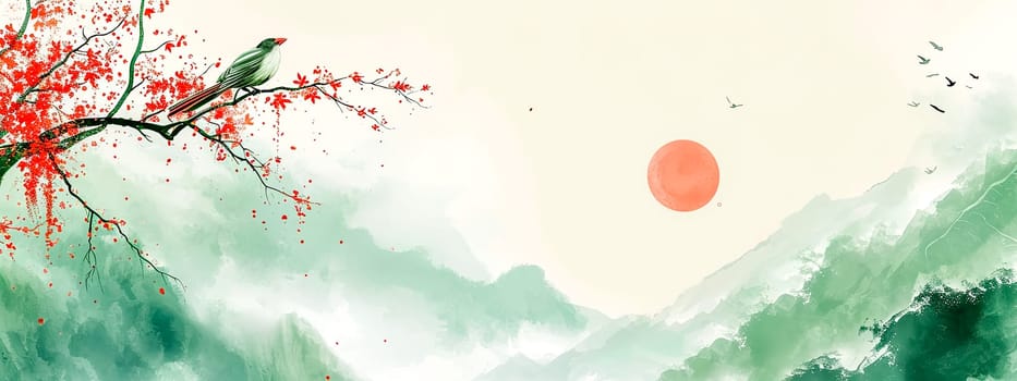 Japanese-inspired digital painting capturing the delicate beauty of a red-leaved tree on the verge of shedding its foliage, bird perches on a branch, mountainous landscape under a gentle red sun