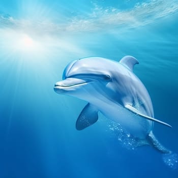 A dolphin swimming gracefully under the ocean surface illuminated by sunlight.