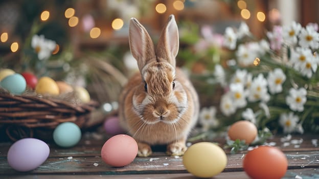 easter rabbit on the table among painted eggs, generative ai. High quality photo