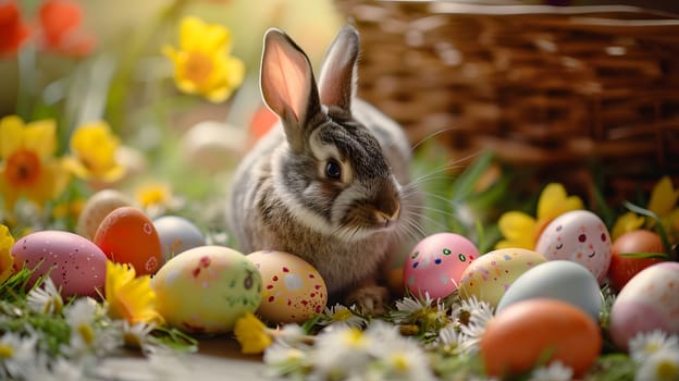 easter rabbit on the table among painted eggs, generative ai. High quality photo