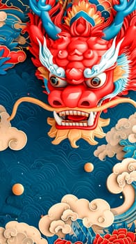 Chinese dragon. The dragon's face is central in the image, with a vibrant red color and features such as swirling white whiskers, fierce eyes, and sharp teeth that give it a powerful expression