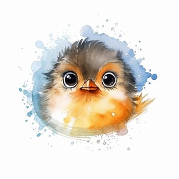 Adorable watercolor illustration of a baby bird with a colorful, splashed background.