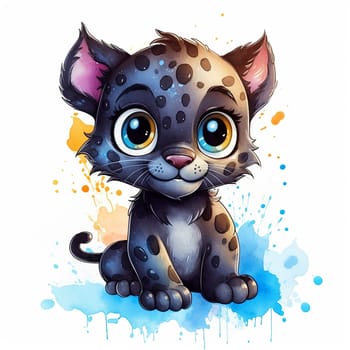 Adorable cartoon kitten with big blue eyes and spotted fur.