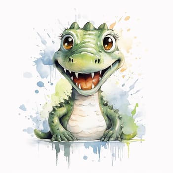 Cheerful cartoon alligator with a watercolor splash effect.