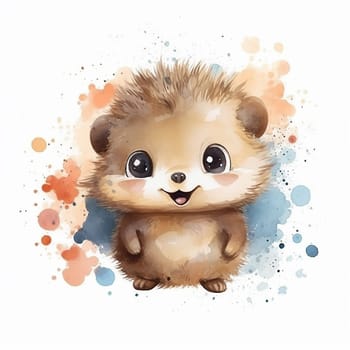 Cute illustrated hedgehog with watercolor splashes in a cheerful pose.