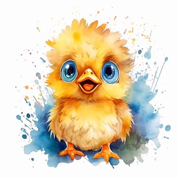 Adorable fluffy chick with big eyes amidst colorful splashes.