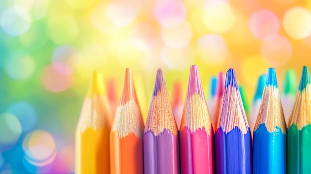 an array of sharpened colored pencils lined up against a vibrantly blurred background full of cheerful bokeh lights. The blurred background adds a magical, dreamy quality to the image