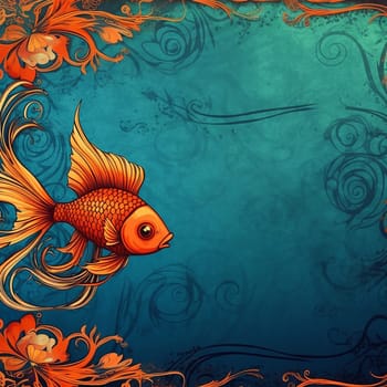 Vibrant orange goldfish with elaborate fins swims in stylized turquoise water with floral accents.