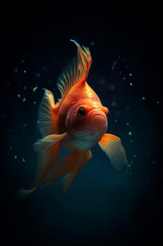 An enchanting goldfish glides elegantly in a dark underwater setting, embodying grace and freedom.
