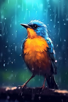 Vibrant blue and orange bird perched in rain