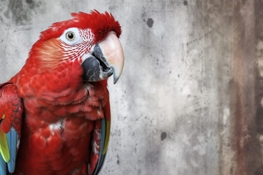 A vivid red macaw parrot against a textured backdrop.