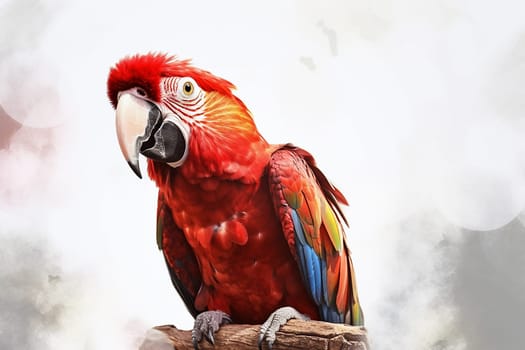 Close-up of a vibrant red macaw against a soft background.