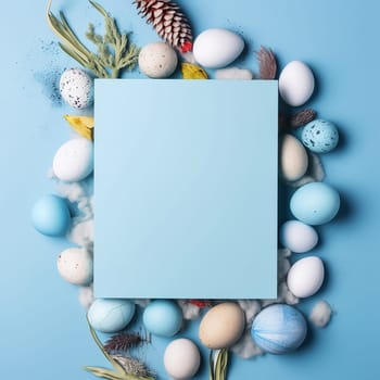 A variety of decorated eggs surrounding a blue square.