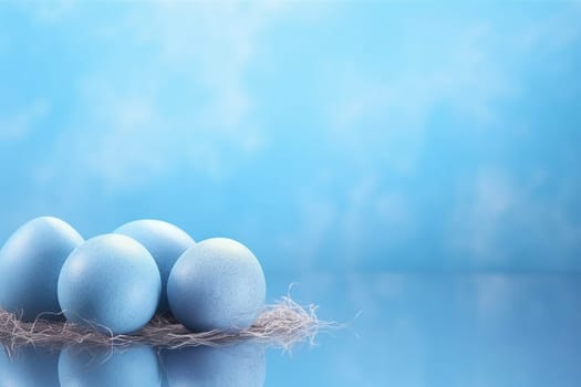 Robin's eggs rest in a nest against a blue backdrop.